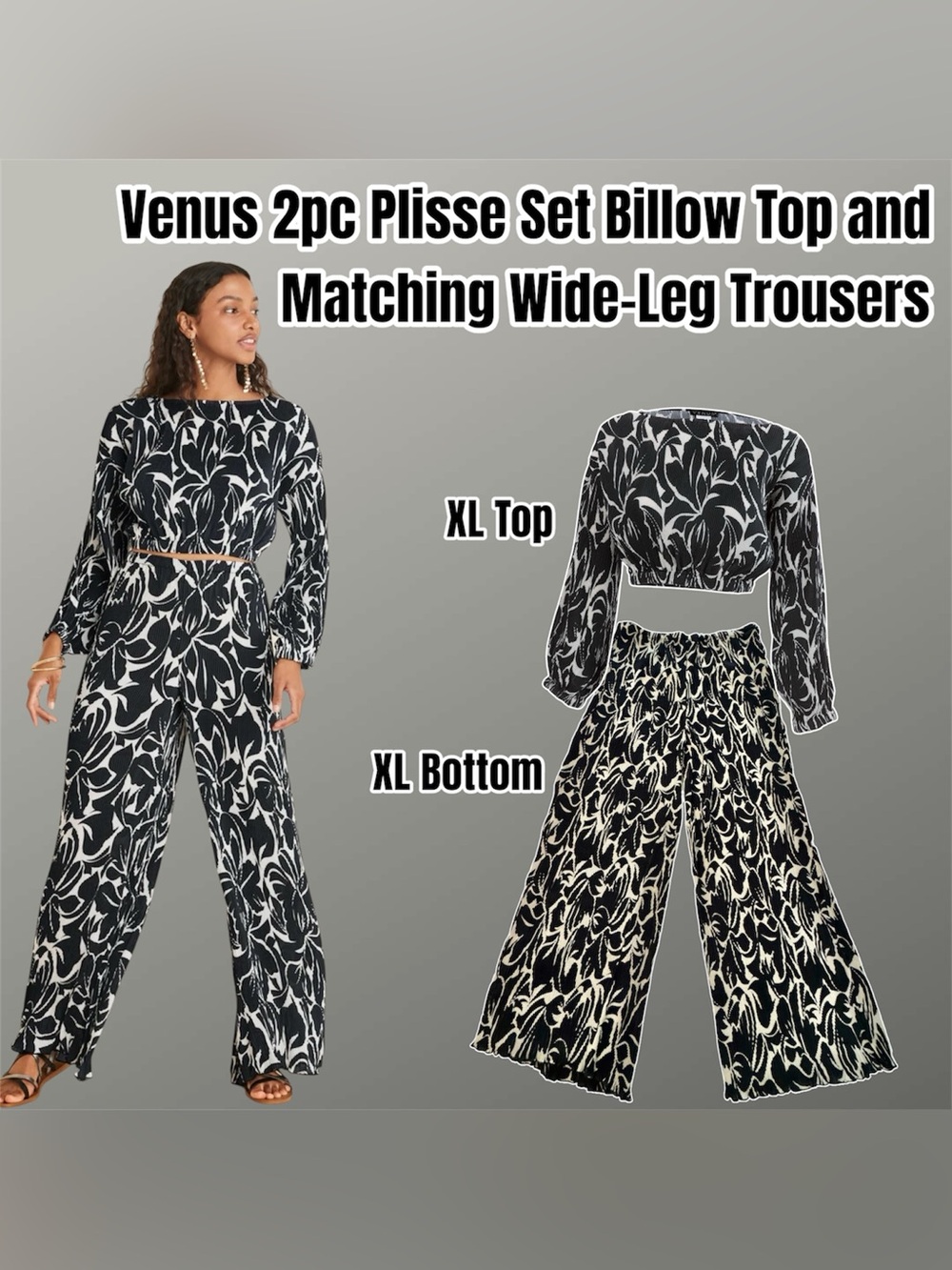 VENUS Black & White Plissé 2-Piece Wide-Leg Set, Size XL